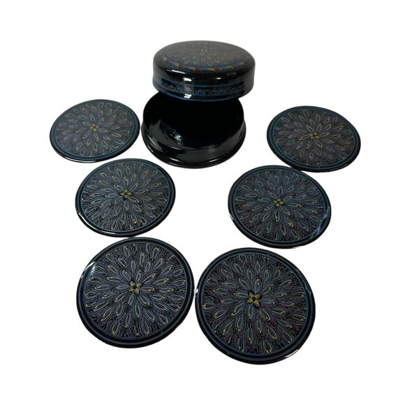 Burmese Lacquerware Coasters Set Of 6 In Nesting Box Handmade Vintage Boho - Picture 1 of 9
